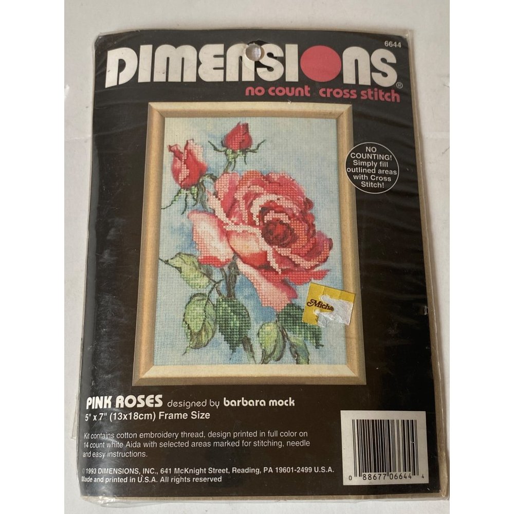 Dimensions Pink Roses no count cross stitch kit Barbara Mock No needle 5" x‎ 7"
